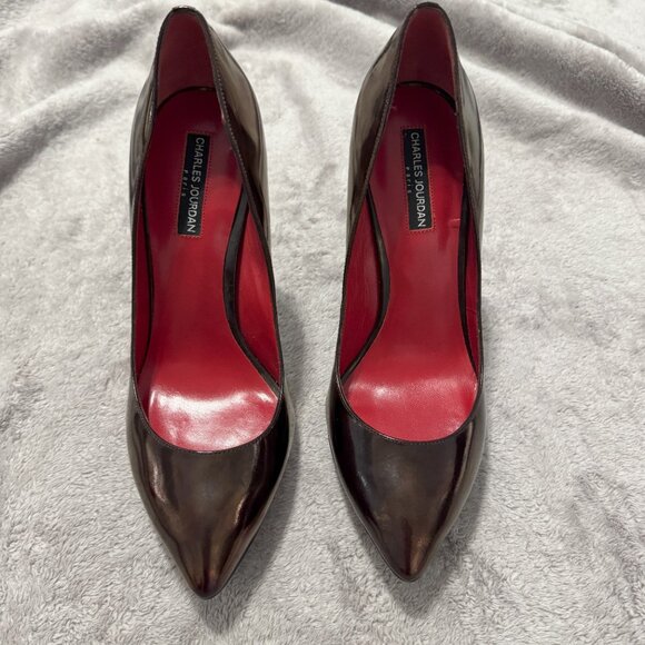 Charles Jordan Paris "Bridget" Classic Black Burgundy Iridescent Patent Pump - Picture 3 of 7